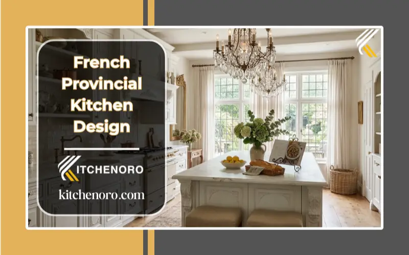 French provincial kitchen design with white cabinets and chandelier
