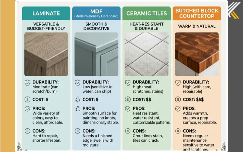 cheap kitchen materials laminate vs MDF vs tiles
