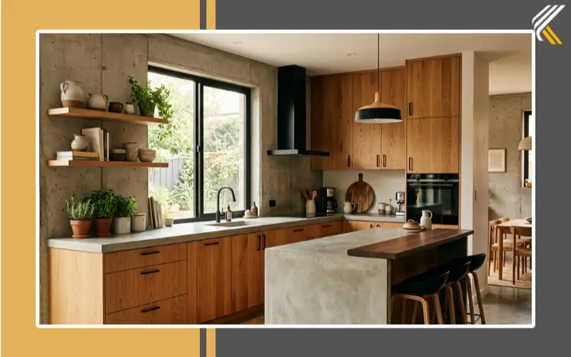 cement and wood kitchen design with warm cabinets and concrete surfaces