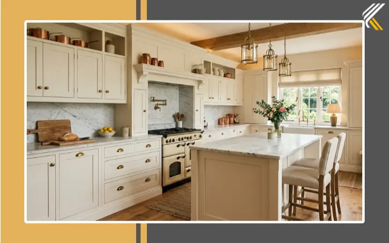 classic cream kitchen with shaker cabinets and marble countertop