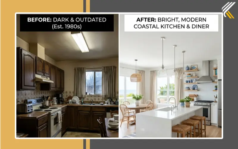 before and after coastal kitchen diner transformation