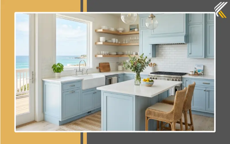modern coastal kitchen with blue tones and white accents