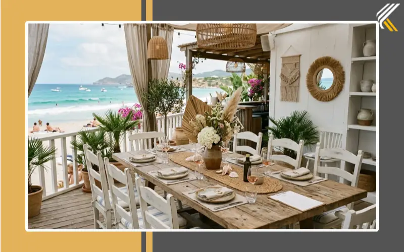 coastal kitchen dining area with wooden table and chairs