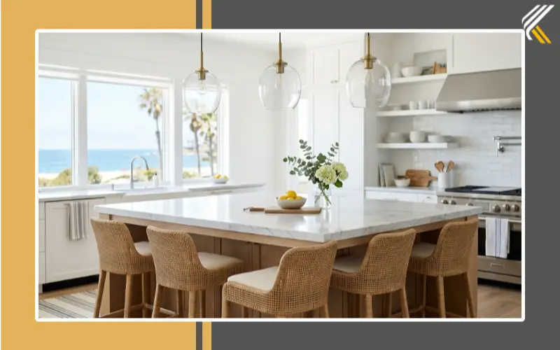 glass pendant lighting in modern coastal kitchen diner