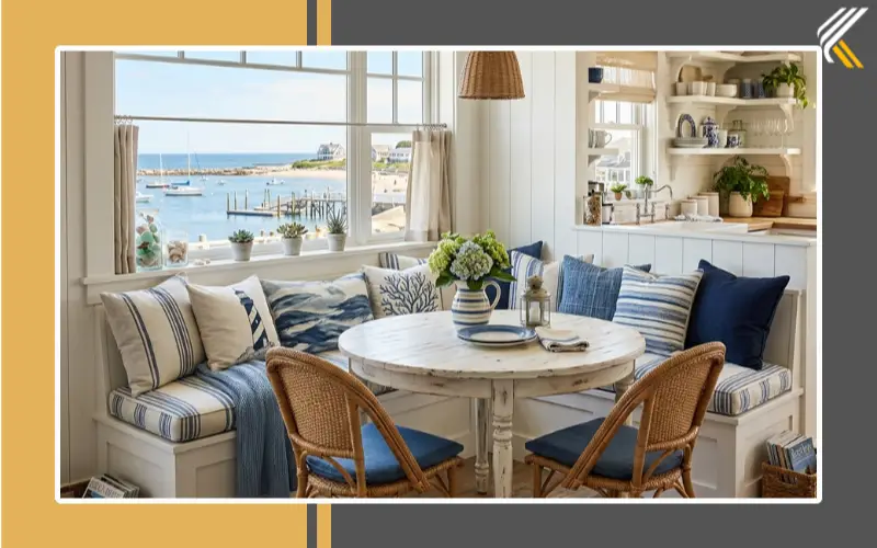 coastal kitchen window seat dining nook with bench seating