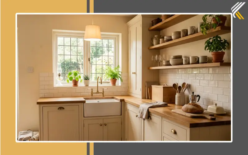 cozy cream kitchen with warm lighting and wood accents