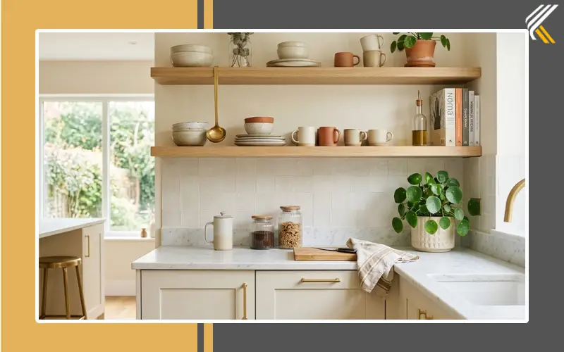 cream kitchen accessories with gold handles and plants