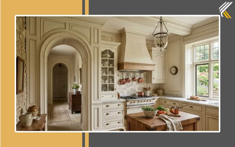 French provincial kitchen with arches and crown molding