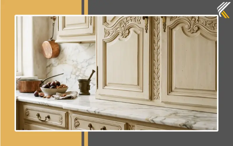 French provincial kitchen cabinets with carved detailing