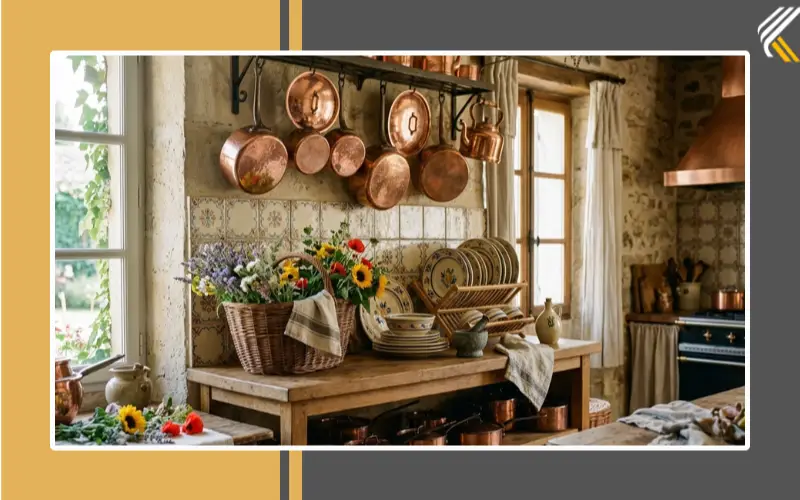 French provincial kitchen decor with baskets and copper items