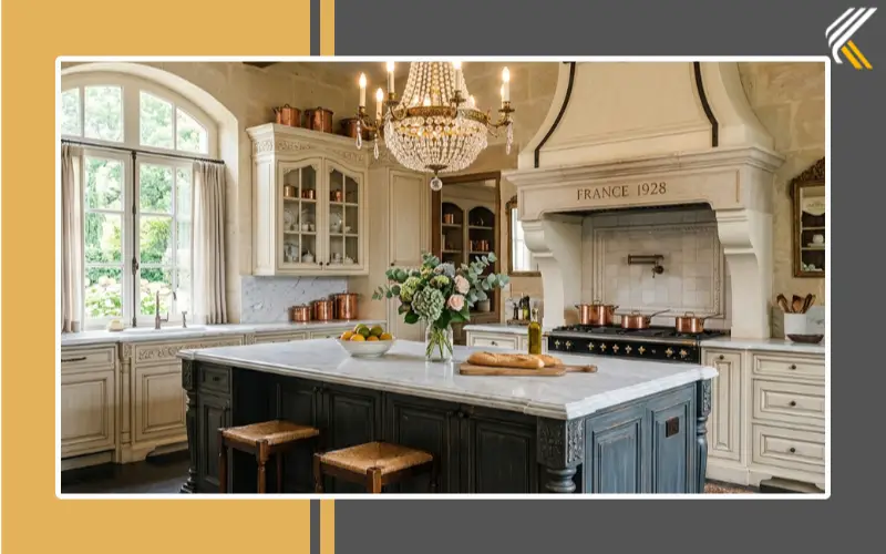 French provincial kitchen island with chandelier