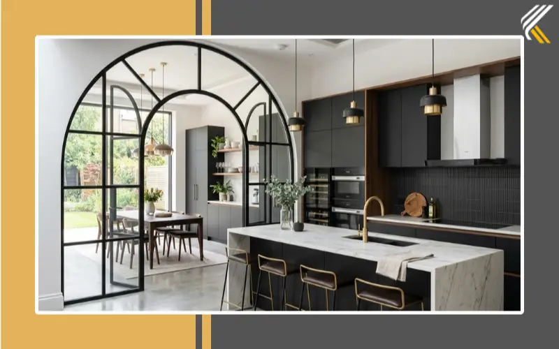 modern glass kitchen arch design ideas with metal frame