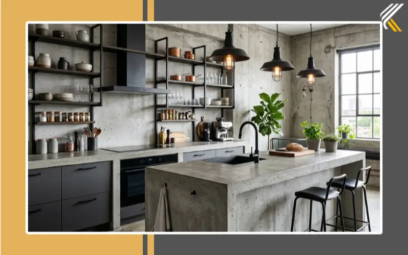 industrial style cement kitchen with concrete island and black fixtures