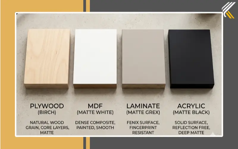 modular kitchen materials laminate acrylic matte finish