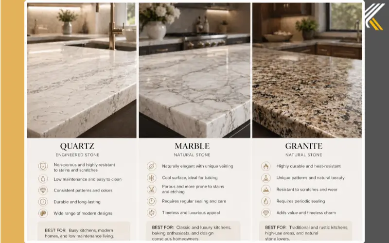 quartz marble granite kitchen countertop comparison textures