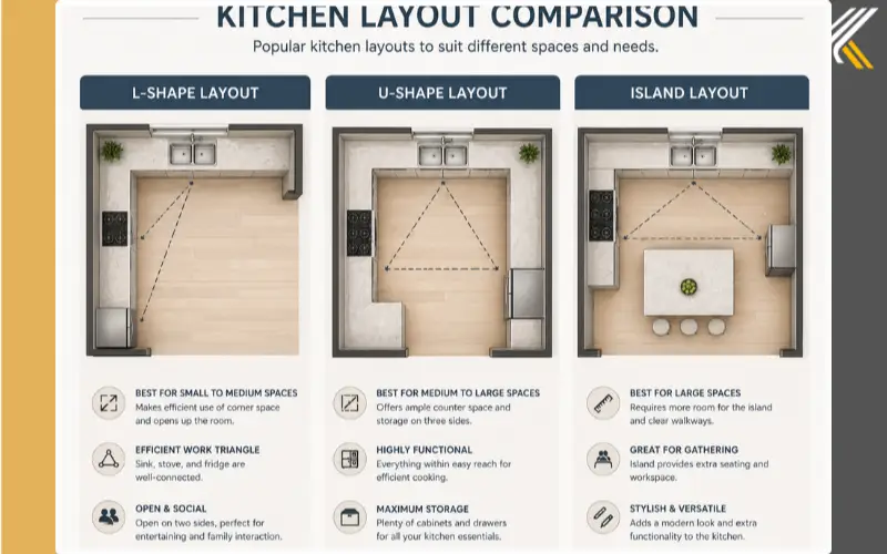 kitchen layout types L shape U shape island design diagram