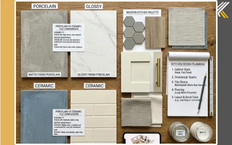 comparison of kitchen tiles showing porcelain ceramic matte and glossy options