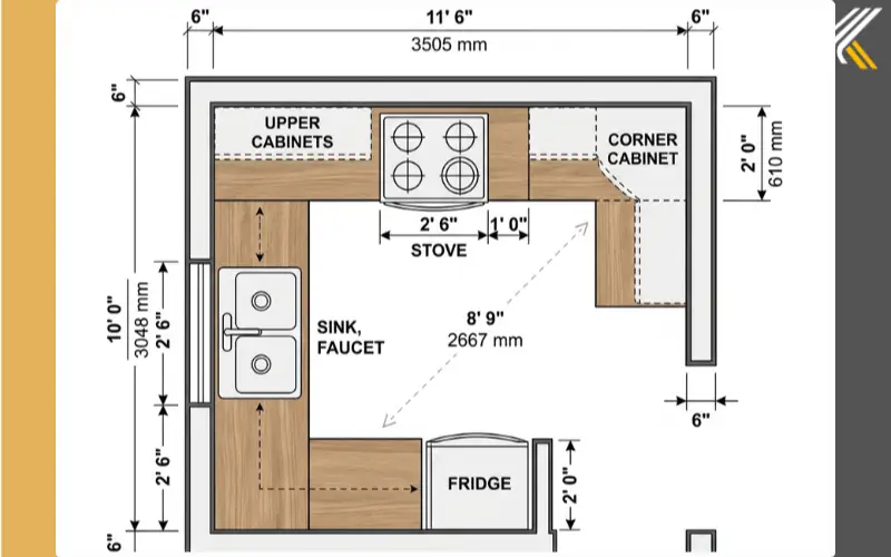 small l shaped kitchen layout with dimensions diagram
