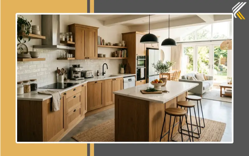L-shaped kitchen layout in open space