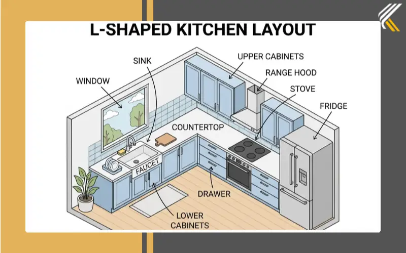 l shaped kitchen layout sink stove fridge placement