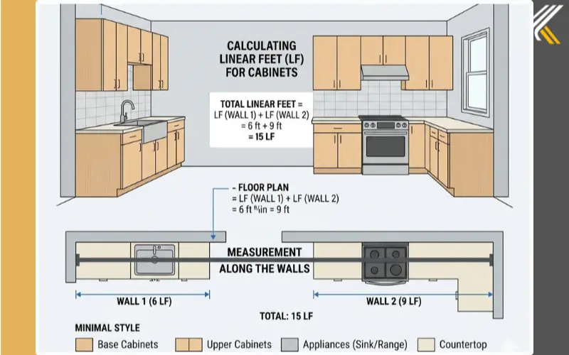Diagram showing how to measure linear feet for kitchen cabinets