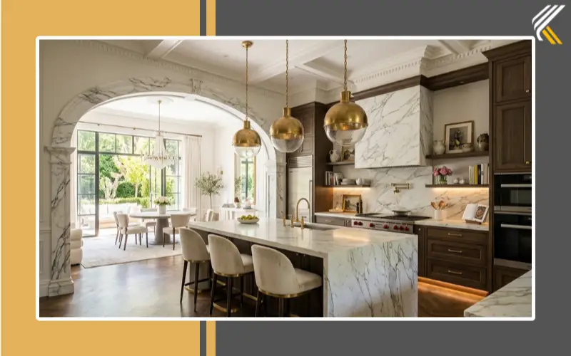 luxury kitchen arch design ideas with marble and lighting
