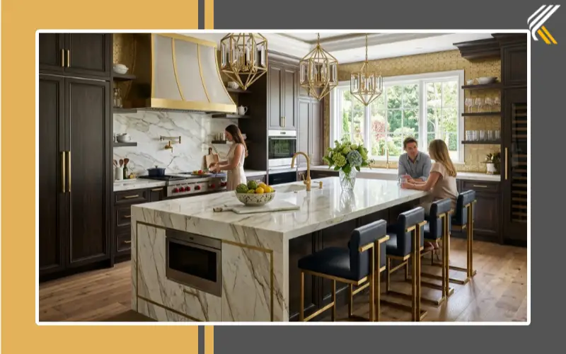 luxury kitchen design with marble island and lighting