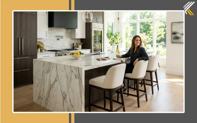 marble waterfall island in luxury kitchen with seating