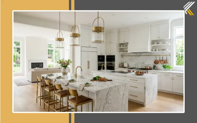 open concept luxury kitchen layout with double island