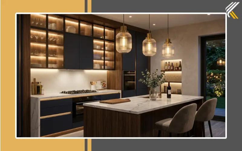 luxury kitchen lighting with pendant lights and backlit cabinets