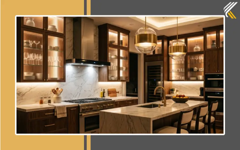 luxury kitchen with backlit cabinets and modern lighting