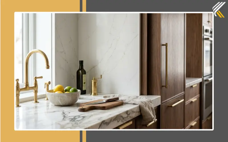 luxury kitchen materials marble quartz wood cabinets and brass fixtures