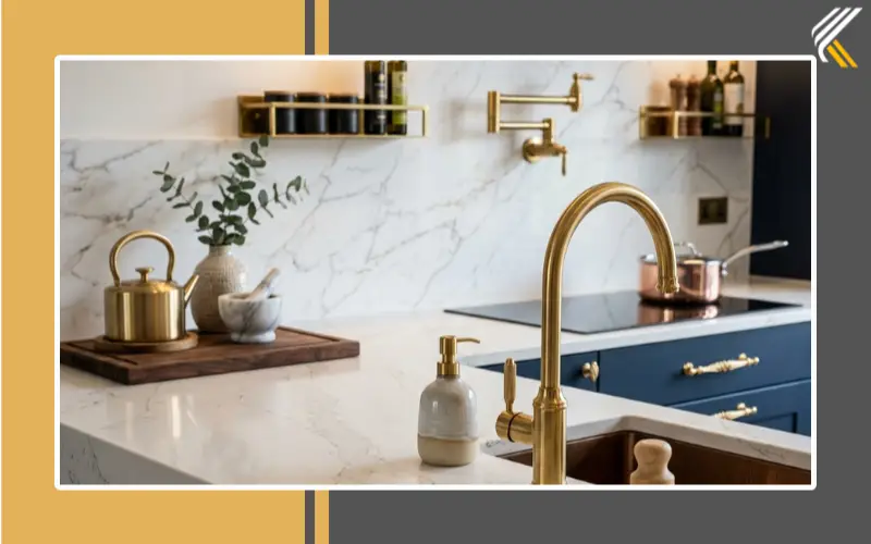 luxury kitchen materials marble quartz and gold hardware
