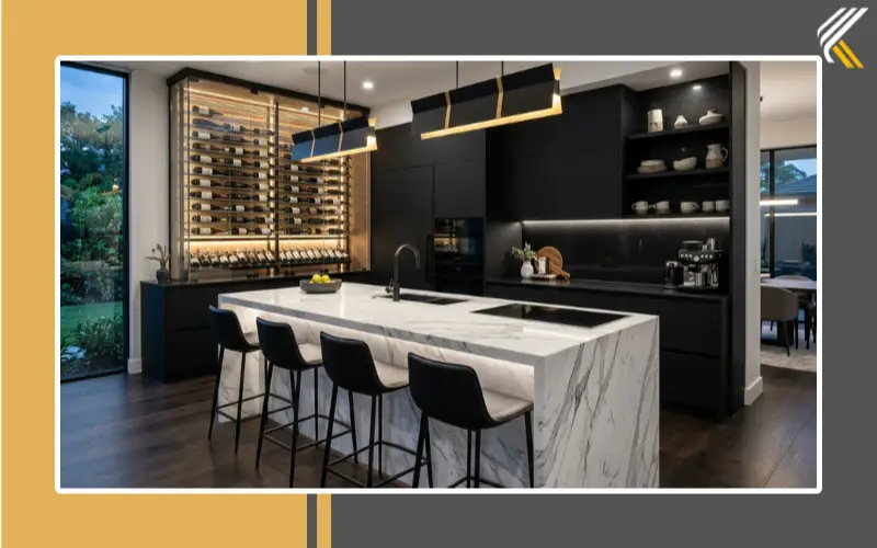 luxury kitchen with waterfall island and wine wall