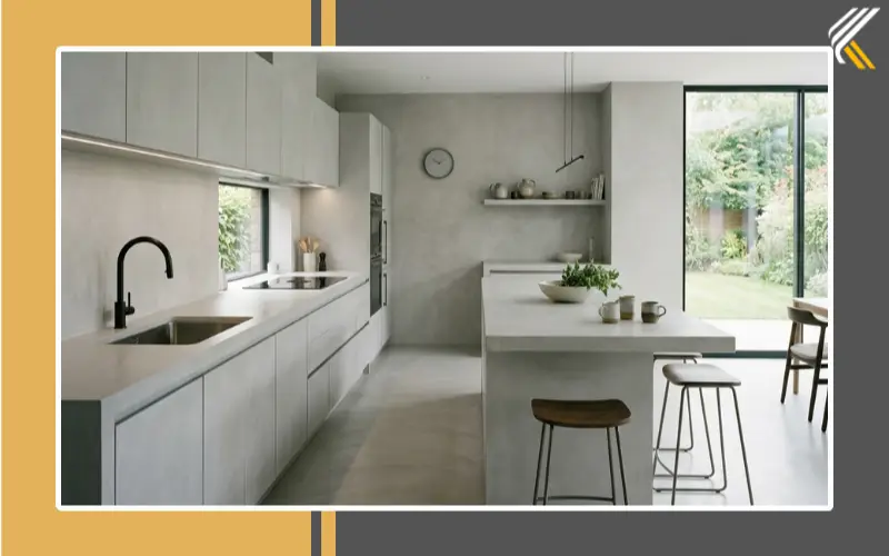 modern microcement kitchen with seamless grey finish