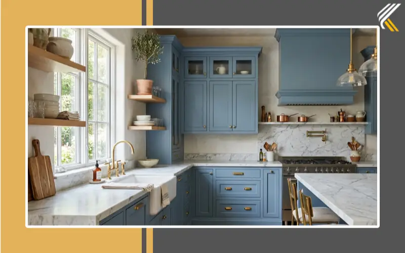 modern French provincial kitchen with blue cabinets
