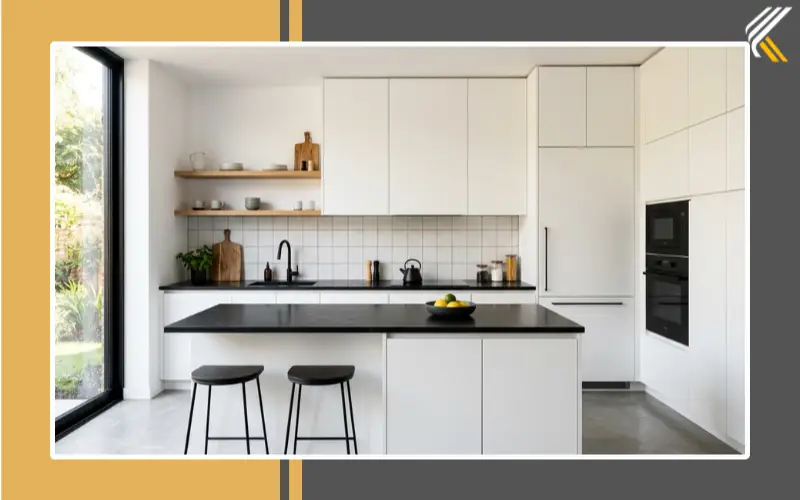 modern white kitchen with black countertops design