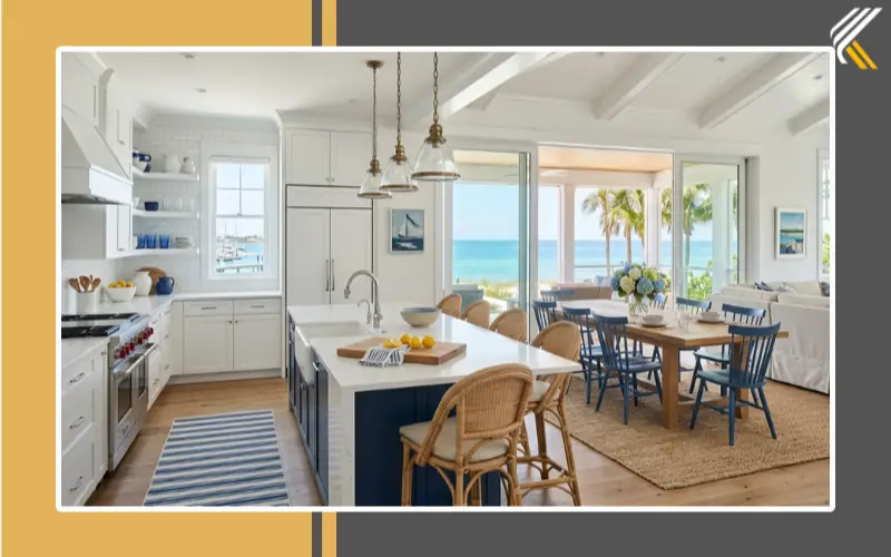 open concept coastal kitchen diner layout with island seating