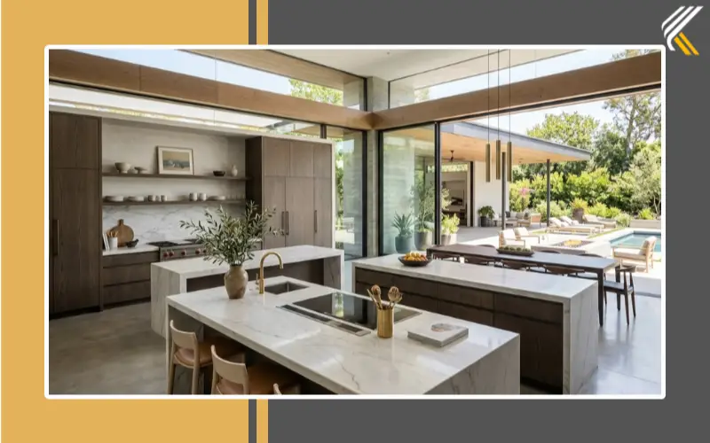 open concept luxury kitchen layout with double island