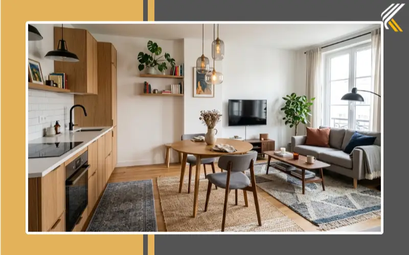 open kitchen zoning small apartment living dining separation