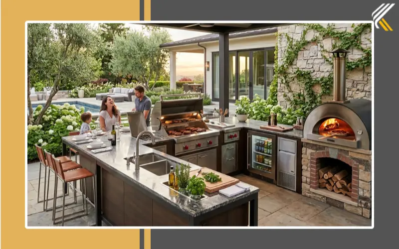 outdoor kitchen with pizza oven and grill setup