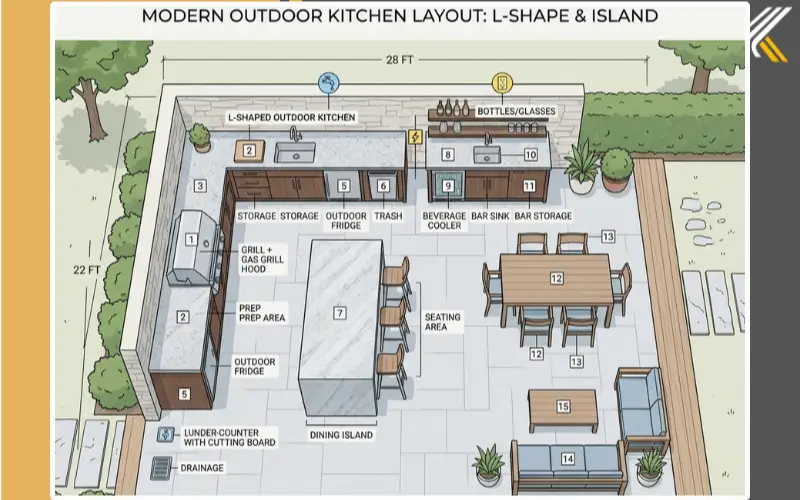 outdoor kitchen layout types L shape island and straight
