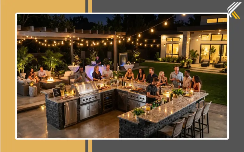 luxury outdoor kitchen with bar seating and lighting