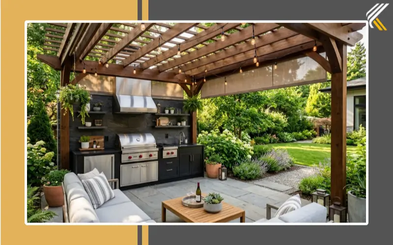 outdoor kitchen with pergola and seating