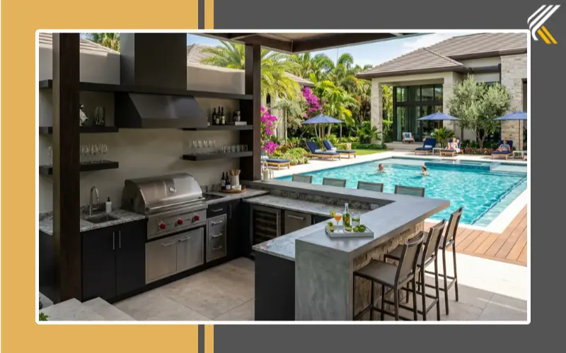 luxury poolside outdoor kitchen with modern design