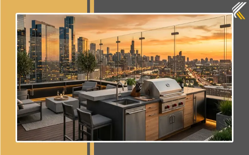 modern rooftop outdoor kitchen with city view