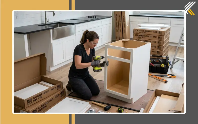 Ready to assemble shaker cabinets being installed in a kitchen