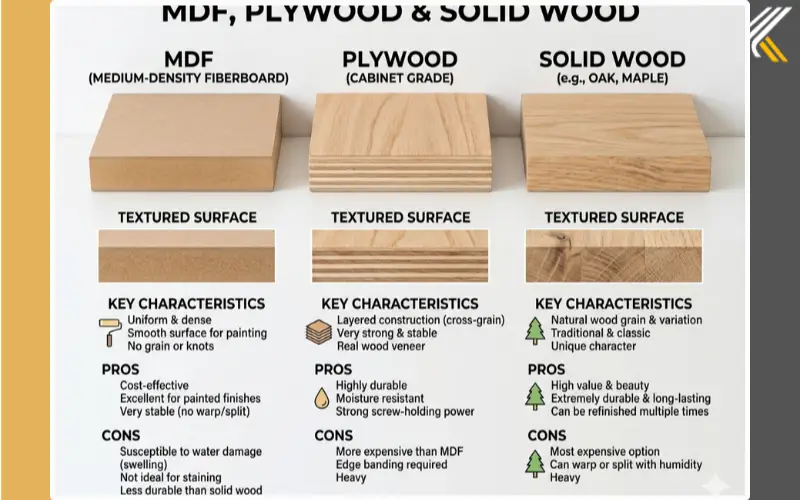 Comparison of MDF, plywood, and solid wood cabinet materials