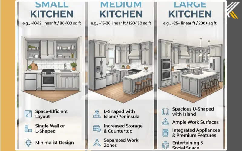 Small medium and large kitchen layouts with shaker cabinets