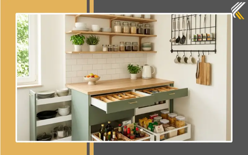 simple kitchen storage ideas with shelves and drawers